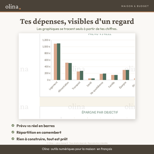 Graphiques automatiques du budget Olina : dépenses par catégorie et suivi de l'épargne