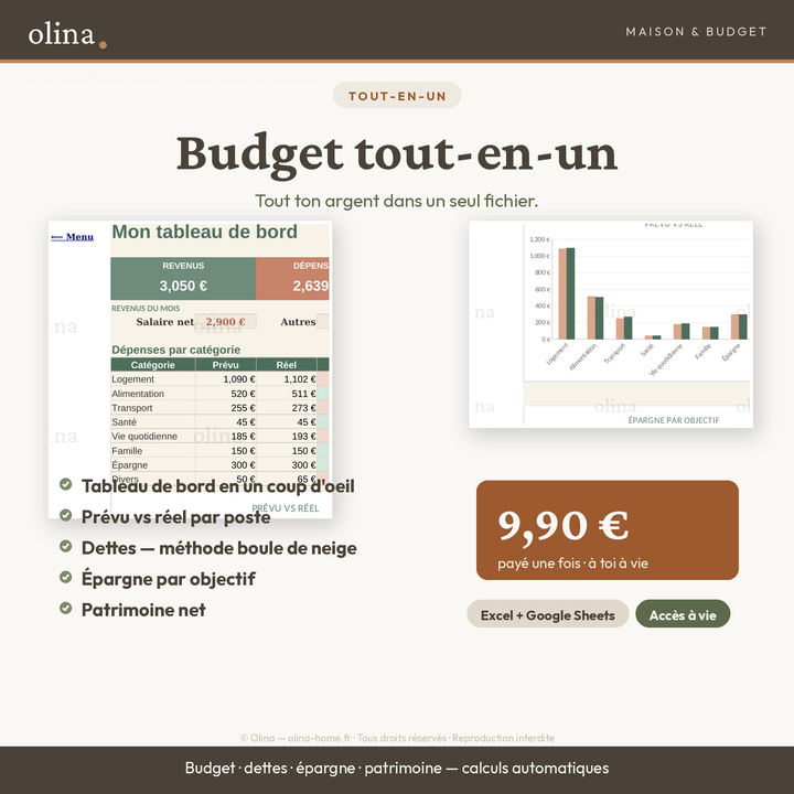 Budget tout-en-un Olina : tableur Excel et Google Sheets qui calcule dépenses, dettes et épargne
