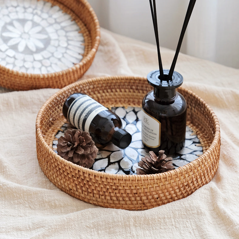 Plateau tressé rotin coquillages naturel artisanat décoration