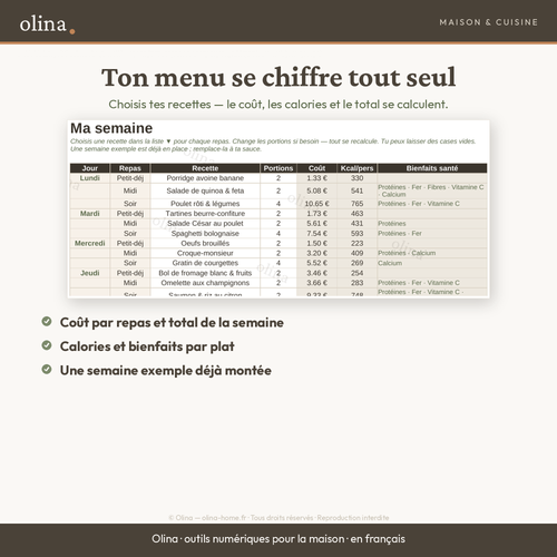 Onglet menu de la semaine du planificateur de repas Olina, recettes choisies dans une liste déroulante