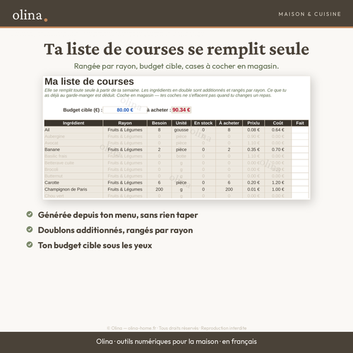 Liste de courses automatique du planificateur Olina, rangée par rayon