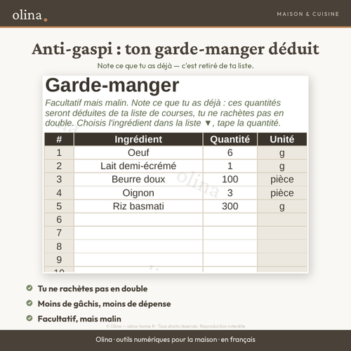 Garde-manger anti-gaspi du planificateur de repas Olina : les ingrédients déjà en stock sont déduits