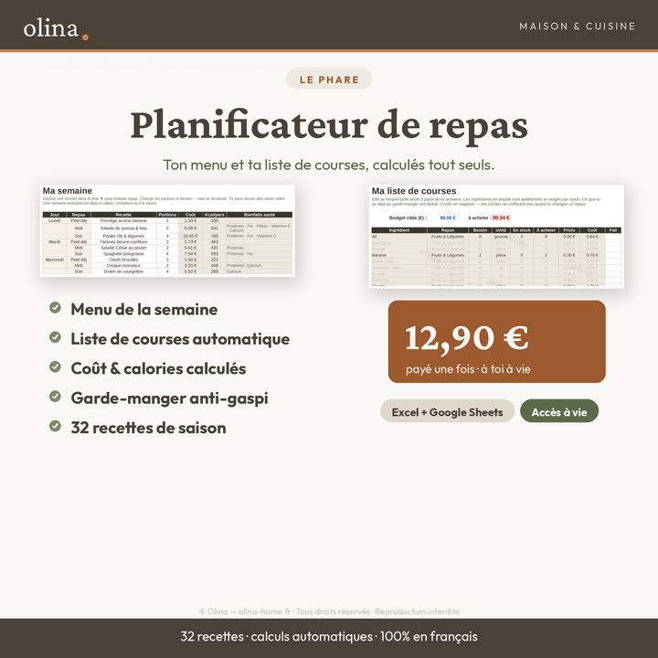 Planificateur de repas Olina : tableur Excel et Google Sheets avec menu de la semaine et liste de courses automatique
